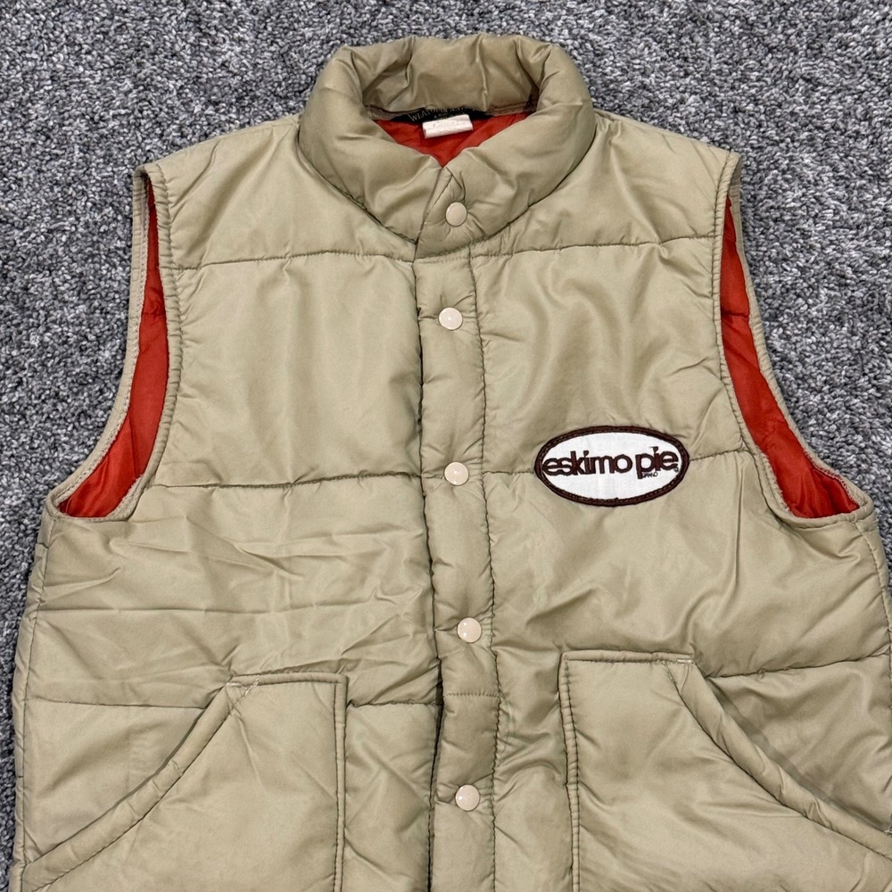 Vintage 70s Eskimo Pie Puffer Vest Mens L Tan Quilted Snap Up Made in USA